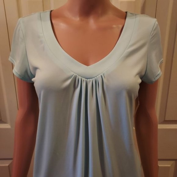 NOTATIONS LIGHT AQUA SHORT SLEEVE V-NECK WITH GATHERS FLARED TUNIC SIZE S NWT - Picture 2 of 8